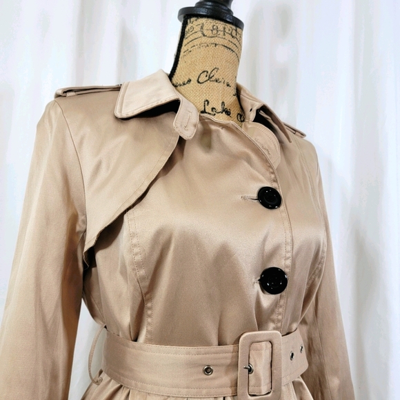 Twenty One Satin Khaki Short Peplum Trench Coat M - Picture 8 of 16